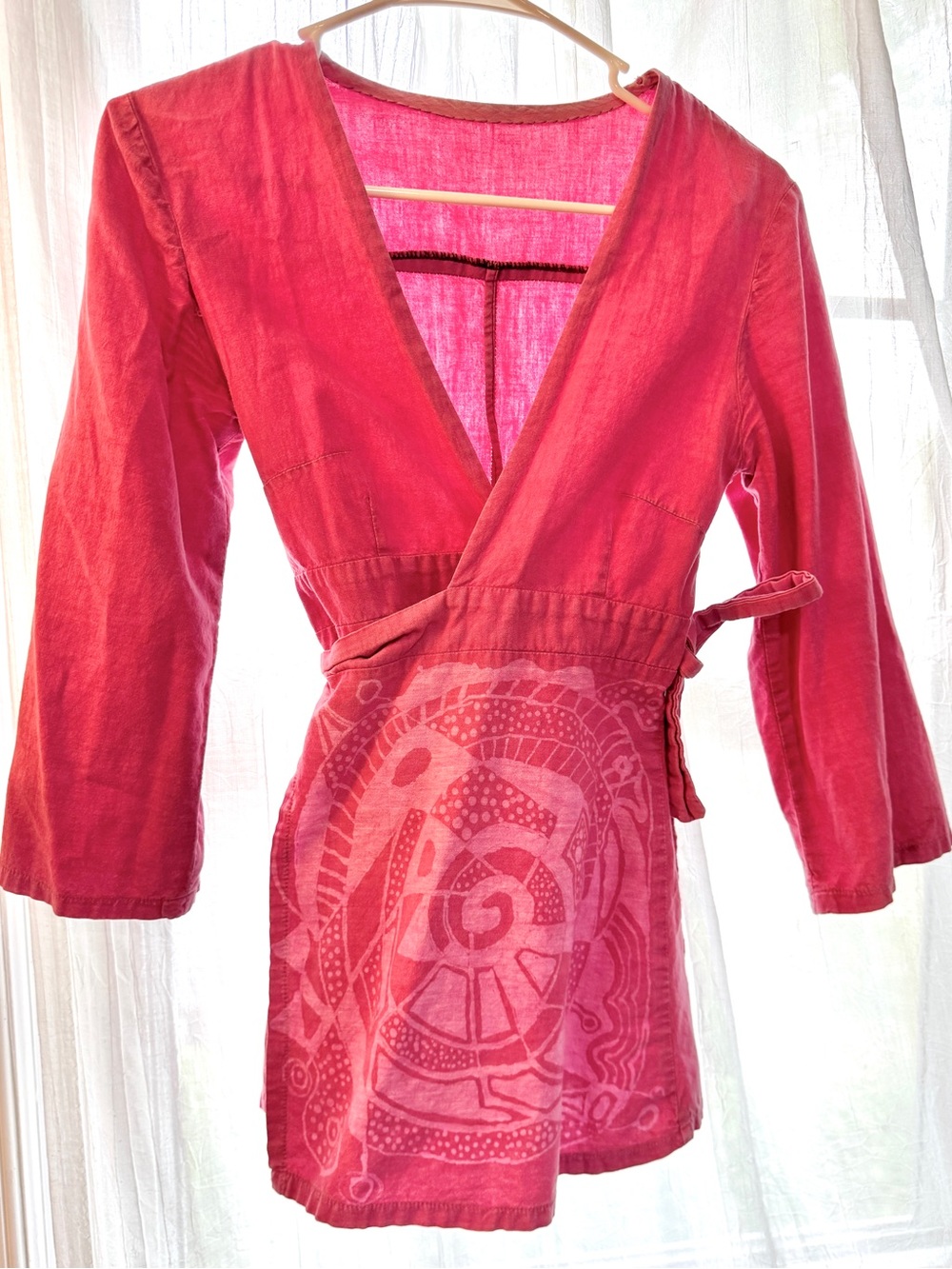Women’s Pink Wrap Tunic Robe - handmade batik from Senegal, cotton